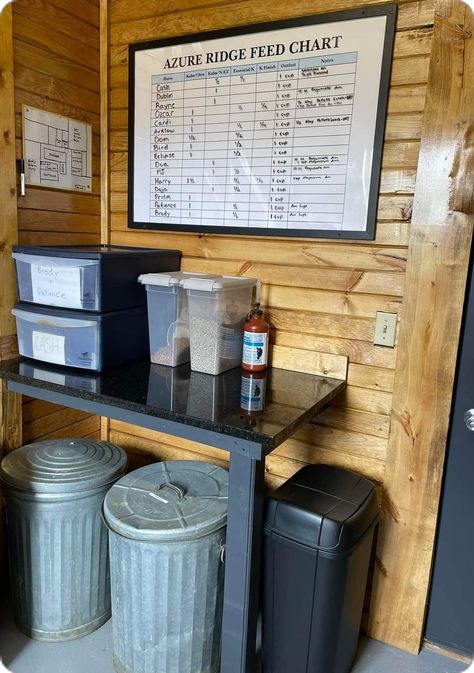 Feed Room Organization Horse, Animal Feed Storage Ideas, Tack Room Design Ideas, Tack Room Ideas Small, Horse Tack Organization Ideas, Horse Farm Ideas Stables, Dog Room Organization, Western Tack Room Organization, Small Feed Room Ideas