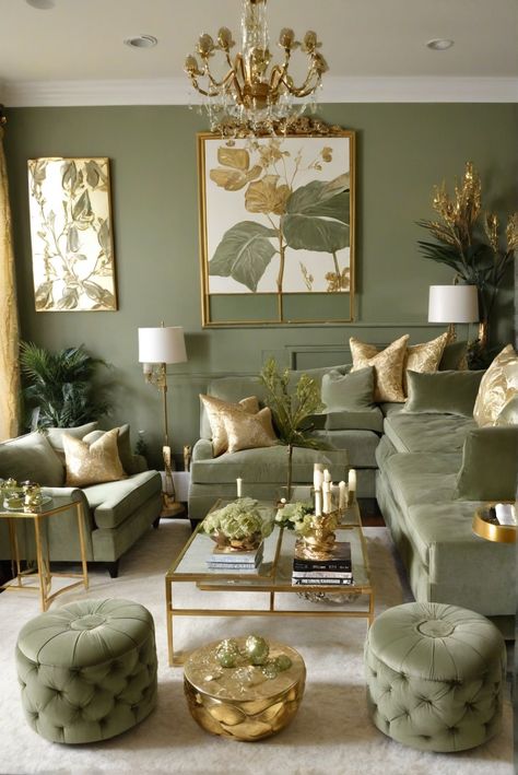 What is the Majesty of Sage Green and Gold Living Room Extravaganza? Behold the Magic [2024] #Ad #homedecor #homedesign #fixhome #Painthome #interiorarchitecture Cream Grey And Green Living Room, Olive Green And Gold Home Decor, Green Design Interior Lounges, Green And Cream Dining Room Ideas, Sage Green And Gold House Decor, Gold Green Grey Living Room, Green Grey Black Gold Living Room, Brown Gold Green Living Room, Green And Rose Gold Living Room
