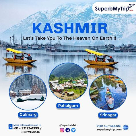 ☛ The Benefits of the Kashmir Tour Package are: ✅ Air Tickets ✅ Hotel Bookings ✅ Sightseeing ✅ Transportation ✅ Meals ☛ The Reasons to Visit Kashmir: ✅ Gorgeously Adventurous Trekking Points ✅ The Breathtaking Landscapes ✅ The Mesmerizing Pristine Lakes ✅ The Wonderful Climate ✅ Kashmiri Cuisines ✅ Art & Heritage ✅ Handicrafts ✅ History Kashmir is the heaven on earth that amaze people with its phenomenal greenery & nature. 🌐 superbmytrip.com 📱 8287938514, 9871220731 Kashmir Tour Packages, Tour Packages Design, Travel Advertising Design, Kashmir Tourism, Diwali Poster, Kashmir Tour, Top Places To Travel, Travel Advertising, Travel Package