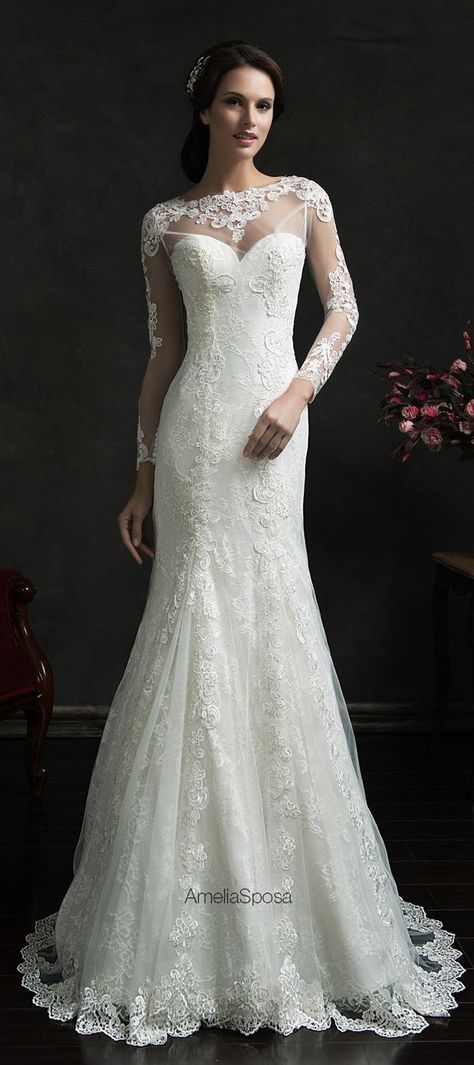 Amelia Sposa 2015 Wedding Dress -Teofila 2015 Wedding, 2015 Wedding Dresses, Illusion Dress, Wedding 2015, Lace Mermaid, Lace Sleeve, Tulle Wedding Dress, Beautiful Wedding Dresses, Dream Wedding Dresses