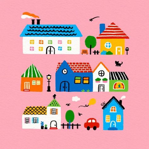 Cute Town Illustration, Farm Mural, Houses Illustration, Town Illustration, Illustration House, Animal Illustration Kids, Illustration For Kids, Illustration Art Kids, Building Illustration