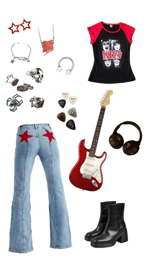rock, rockstar aesthetic, rock outfit Rock Star Inspired Outfits, Summer Rockstar Outfits, Lemonade Mouth Outfits, Rock Girlfriend Aesthetic Outfits, Rockstar Gf Clothes Png, Rockstar Girlfriend Outfits Aesthetic, 80s Rockstar Outfit For Women, Goth Rock Aesthetic, Girl Rockstar Outfit