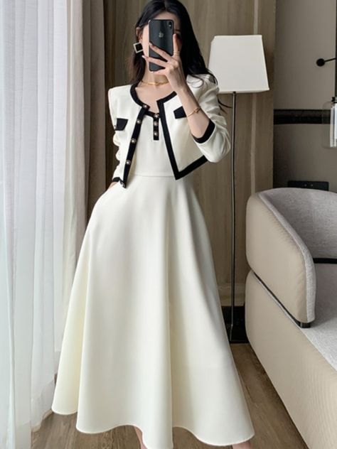 Women Elegant Two Piece Dress Set Short Coat Midi A-line Camisole Dresses Korean Fashion Slim Women Suit Spring Autumn New Winter Dresses Korean, Korean Style Dress Elegant, Korean Dresses Elegant, Dress Outfits Korean, Korean Fashion Dress Elegant, Ladies Short Coat, Korean Fashion Female, Korean Fashion Office, Korean Winter Outfits