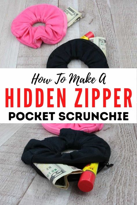 The one thing we always have with us is a hair scrunchie. We show you How to make a Hidden Zipper Pocket Scrunchie! This cute little scrunchie project lets you stash some chapstick, some cash, or even a key or two in something you use all the time. This simple sewing tutorial is really quick to make and even makes a great gift. Easy Sewing tutorials. How to make a Hidden Zipper Pocket Scrunchie Couture, Scrunchie With Zipper, Scrunchy Pattern, Pocket Scrunchie, Easy Sewing Tutorials, Scrunchie Diy, Simple Sewing Tutorial, Zipper Face, Diy Hair Scrunchies