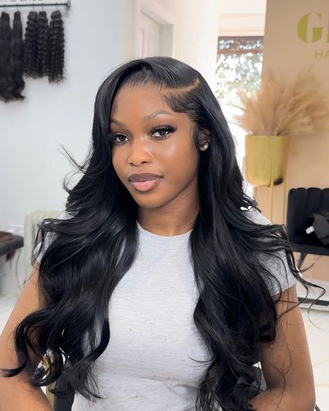 RG Wigs | Client cam 😍 Pre made frontal wig install , lightly layered 💖 Glue: @grippedglue | Instagram Layers Wig Side Part, Layerd Wigs, Graduation Wig Styles, Wig Hairstyles Black Hair, Side Wavy Hairstyles, Curled Wig Hairstyles, Wavy Black Wig, Black Hairstyles Wigs, Side Part U Part Wig