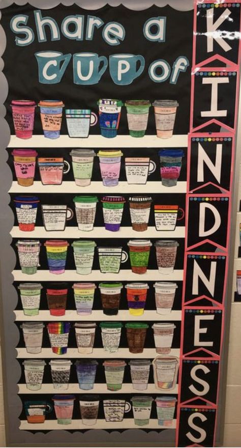 Teachers Corner Bulletin Board, Staff Picture Bulletin Board Ideas, Incentive Boards For Employees, Employee Door Decorations, Collaboration Bulletin Board Ideas, Staff Appreciation Bulletin Board, Sel Bulletin Boards Elementary, Employee Encouragement Ideas, Share A Cup Of Kindness Bulletin Board