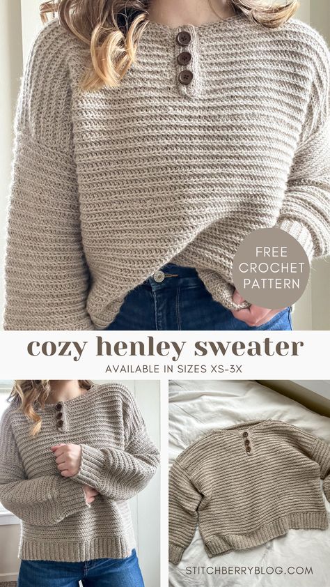 Crochet Free Patterns Cardigan, Women Sweater Crochet Pattern, Oversized Sweater Pattern Crochet, Easy Crochet Oversized Sweater, Crochet Waffle Sweater, Crochet Henley Sweater Pattern, First Crochet Sweater, Easy Crochet Sweater For Beginners, Knit And Crochet Sweater