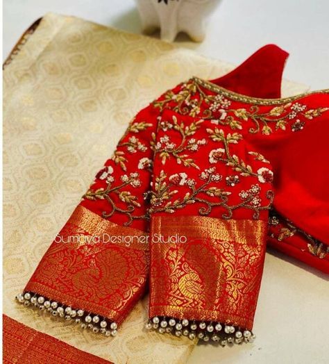 Wine Colour Blouse Maggam Work, Wedding Saree Look, Kanchipuram Wedding Saree, Red Blouse Design, Latest Bridal Blouse Designs, Embroidery Blouses, Traditional Blouse Designs, Wedding Saree Blouse Designs, Cutwork Blouse Designs