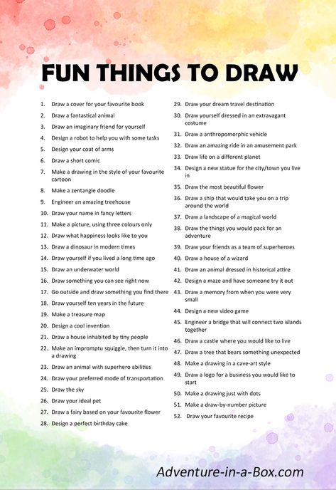 Are your kids wondering what to draw? Get this list of drawing prompts and fun things for kids to draw! #drawing #kidsactivities #kidsart #STEAM Drawing Ideas List 30 Day, Things To Draw List Ideas, Art List Challenge, Drawing Challenges Ideas, Drawing Ideas 30 Day Art Challenge, Fun Drawing Challenges, Kids Drawing Challenge, Creative Challenges Art, List Of Things To Paint