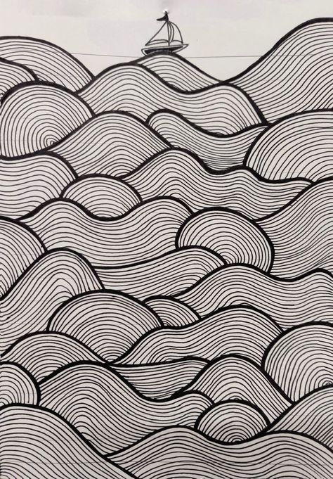 Patterns Aesthetic Drawing, Ocean Doodle Art, Doodle With Pen, Gambar Art Simple, Wave Doodle Art, Doodle Pen Art, Boat Simple Drawing, Sea Doodles Waves, Simple Sea Drawing