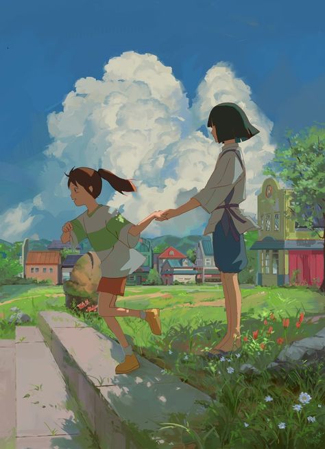 Studio Ghibli Ghibli Couple Wallpaper, Ponyo Illustration, Studio Ghibli Couples, Haku Chihiro, Spirited Away Art, Chihiro Cosplay, Spirited Away Wallpaper, Ghibli Background, Spirited Away Haku