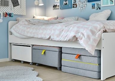 A white SLÄKT bed with a white storage unit, grey seat module and foldable mattress stored underneath. Släkt Bed, Foldable Mattress, Foldable Bed, Soft Mattress, Platform Bed With Storage, White Storage, Design Line, Unique Beds, Mattress Store