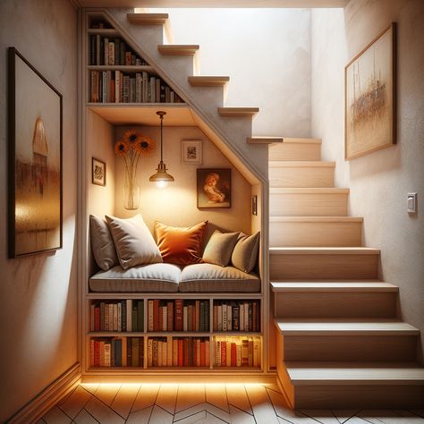 15+ Creative Reading Nook Ideas for Any Small Space - DreamyHomeStyle Under Staircase Reading Nook, Elevated Reading Nook, Small Closet Book Nook, Unique Reading Nooks, Book Nook Apartment, Space Themed Reading Nook, Cheap Staircase Ideas, Cute Home Library Ideas, Hall Nook Ideas Hallways