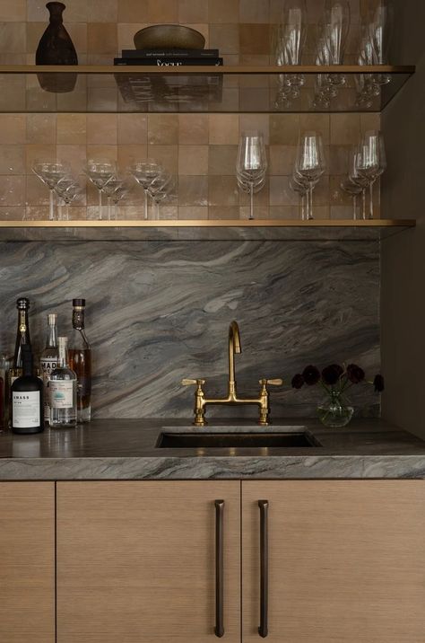 Berea Gallery | Viv & Leone Wet Bar Closet Ideas, Wet Bar In Bedroom, Bar With Bookshelves, Media Room Wet Bar, Wet Bar Flooring, Moody Dry Bar, Home Bar Dining Room, Wet Bar Pantry, White Oak Wet Bar