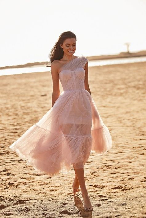 Peach One-Shoulder Cocktail Tulle Dress – Milla Milla Dresses, Puffy Tulle Skirt, Midi Prom Dress, Combination Dresses, Dress With Corset, One Shoulder Prom Dress, Misty Rose, Couture Dress, Pink Tulle