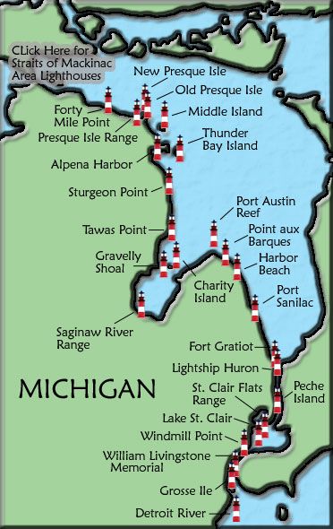 lake huron lighthouses | lighthouse name or icon for more information on that lighthouse Michigan Lighthouses, Lake Lighthouse, Michigan Adventures, Eastern Michigan, Michigan Road Trip, Michigan Vacations, Presque Isle, Midwest Travel, Michigan Travel