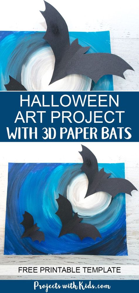 A full moon, spooky Halloween sky and flying bats all come together to make this awesomely spooky Halloween art project that kids will love to create! Free bat templates included. #projectswithkids #halloweencrafts #batcrafts #kidsart Halloween Painting Kindergarten, Halloween Classroom Art Projects, Grade 4 Fall Art Projects, October Elementary Art, Grade 2 Halloween Crafts, Grade 6 Halloween Art, Halloween Art Class Projects, Sewing Art Lessons, Halloween Elementary Art Projects