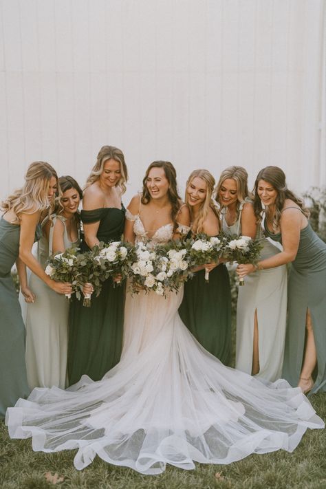 Bridesmaids In Green Dresses, Sage Green Brides Made Dresses, Sage Green Bridesmaid Dresses Different Styles, Birdy Grey Color Palette, All Different Green Bridesmaid Dresses, Brides Made Dresses Green, Bridal Party Photos Sage Green, Birdy Grey Moss Green Bridesmaid, Gray Green Bridesmaid Dresses