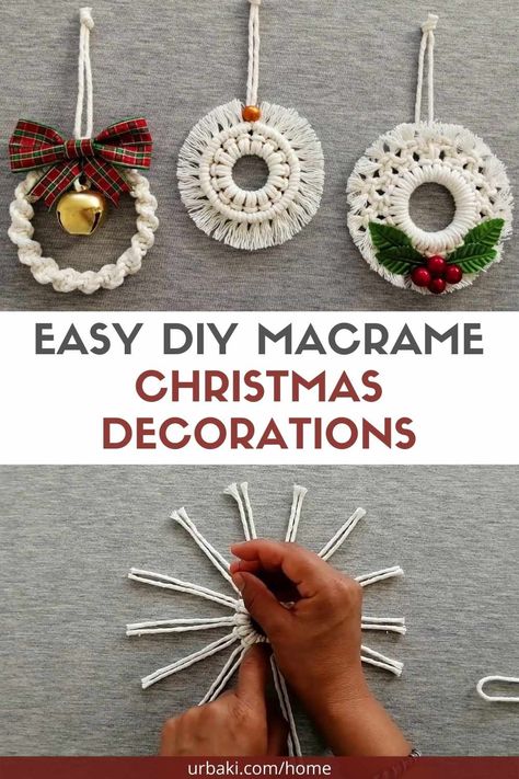 The Christmas season is drawing near! If you want to place different decorations on your Christmas tree this year, you will love these simple decorations. This step-by-step video will teach you how to make your own Macramé Christmas Ornaments using only macrame yarn and small metal rings. These decorations are effortless and quick to do, they're also an excellent activity that you can practice with your children or with your family at home. Check out the tutorial below and decorate your... Natal, Easy Yarn Christmas Ornaments, Macrame Christmas Tree Ornaments Diy, Diy Macrame Ornaments Christmas, Diy Christmas Ornaments Kids Can Make, Easy Macrame Christmas Decorations, Macrame Ornaments Diy Easy, Macrame Christmas Ornaments Diy Easy, Quick And Easy Diy Christmas Ornaments