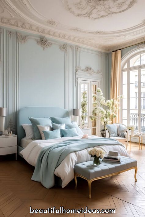 Light Blue Bedroom Ideas for Women: 18 Beautiful Ideas - Beautiful Home Design Ideas Light Blue Airy Bedroom, Romantic Blue Bedroom, Blue Rooms Bedroom, Light Blue Master Bedrooms Decor, Blue Bedroom Ideas For Women, Light Blue And Gold Bedroom, Light Blue Bedrooms, Soft Blue Bedroom, Baby Blue Bedroom