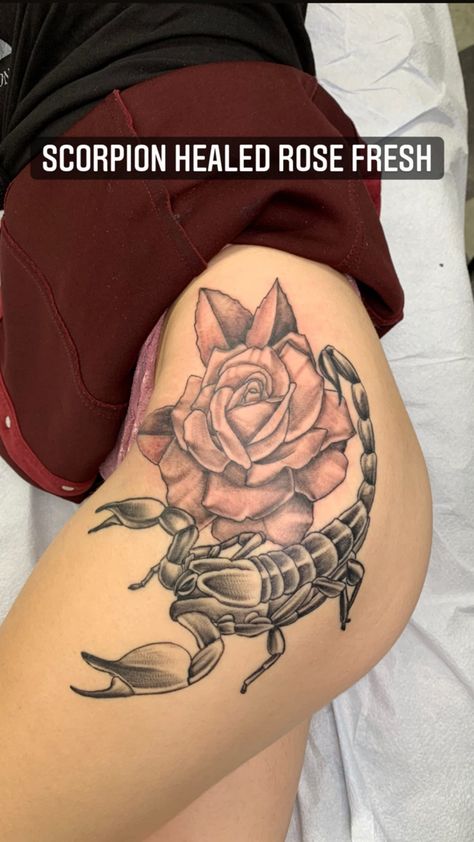 Scorpion Tattoo Thigh, Scorpion Tattoo Feminine Outline, Scorpio Hip Tattoo, Rose And Scorpion Tattoo, Scorpion Tattoo Feminine, Tattoo With Color, Scorpio Tattoos, Tigh Tattoo, Side Thigh Tattoos