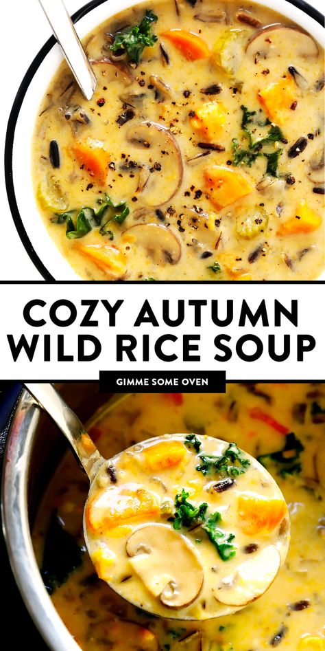 This Cozy Autumn Wild Rice Soup is the perfect fall comfort food! It's easy to make in the Instant Pot (pressure cooker), Crock-Pot (slow cooker), or on the stovetop. It's loaded with sweet potato, kale, mushrooms and other autumn veggies. It's easy to make gluten-free or vegan, if you would like. And it's SO delicious. | Gimme Some Oven #soup #dinner #vegetarian #glutenfree #vegan #comfortfood Wild Rice Soup Vegan, Rice Soup Vegan, Autumn Wild Rice Soup, Autumn Wild Rice, Soup Breakfast, Avocado Chicken Salad Wrap, Avocado Blt, Chicken Salad Wrap, Chicken And Wild Rice