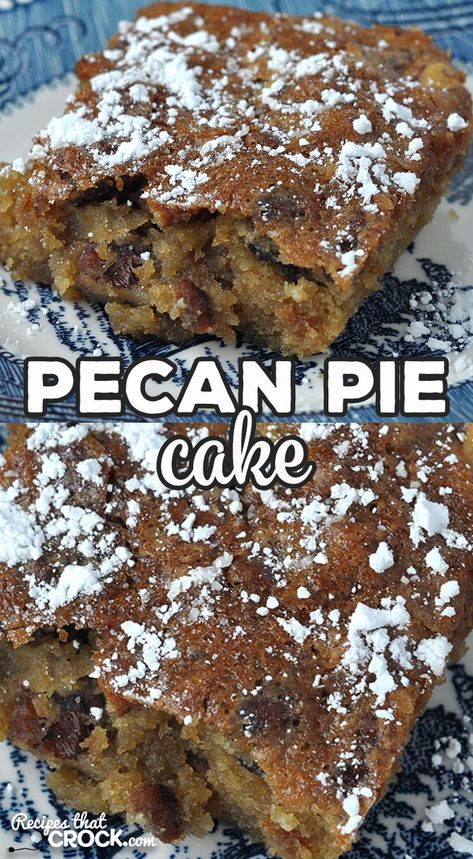 Do I have a treat for you! This Pecan Pie Cake recipe for your oven is simple and so delicious! It has a crispy crunch and gooey center. So yummy! Pecan Pie Dump Cake Recipes, Pecan Flour Recipes Baking, Texas Pecan Fudge Loaf Cake, Cakes For Cake Walk, Pecan Pie Cake Recipe Southern Living, Chewy Cake Recipe, Best Dessert Recipes Ever, Pecan Desserts Easy, Pecan Pie Cake Recipe