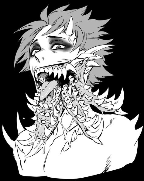 Demonic Anime Pfp, Monsters Ideas Character Design, Eldritch Humanoid Monster, Creepy Monsters Art, Creepy Humanoid Monsters, Art References Creepy, Monster Teeth Reference, Demon Ears Reference, Creepy Mouth Drawing Reference