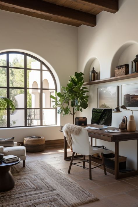 Ranch Style Office Decor, Apartment With Arches, Spanish Revival Home Office, Mediterranean Study Room, Organic Modern Spanish, House Arches Interiors, Home Office Spanish Style, Interior Spanish Style Homes, Organic Spanish Decor