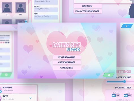 Free download - UI asset pack for dating sim style games or visual novels. Free asset pack for game developers.  #gamedev #indiedev #datingsim #animegame #uidesgin #uidesigner #assetpack #freedownload #freeresources #datingsimulator Dating Simulator Aesthetic, Visual Novel Sprites Base, Visual Novel Ideas, Visual Novel Aesthetic, Renpy Gui, Nagi Usui, Visual Novel Ui, Game Developer Aesthetic, Visual Novel Sprites