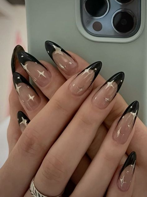 Elegant Nails In Black, Black Star Gel Nails, Black And Chrome Star Nails, Black Nail Sets Prom, Black Nail Designs Almond Classy, Black Nail With White French Tip, Simple Nails With Stars, Black Silver Star Nails, Black Nail Ideas For Prom