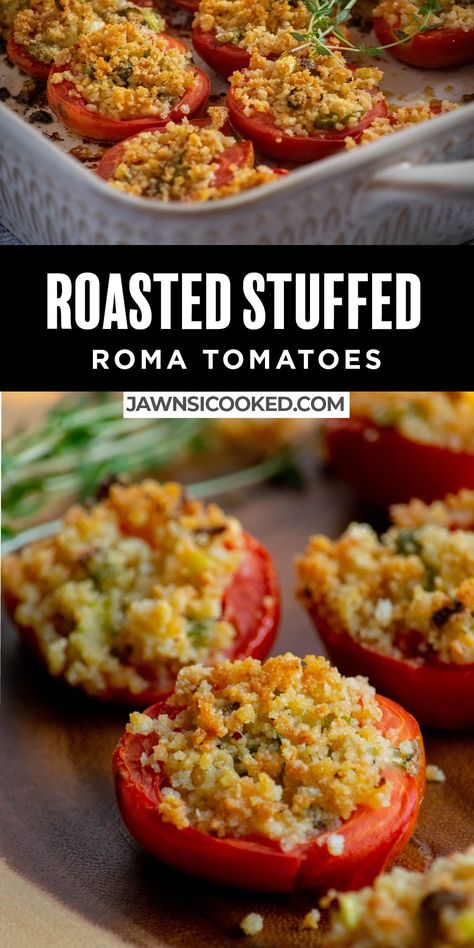 These super simple Roasted Stuffed Roma Tomatoes are stuffed with a simple herb, parmesan and panko filling, then briefly baked for an easy vegetarian appetizer everyone will love. Roma Tomato Recipes, Tailgate Snack, Crockpot Party Food, Baked Tomato Recipes, Vegetarian Appetizers Easy, Tomato Appetizers, Tomato Snacks, Vegetarian Appetizer, Tomato Dishes