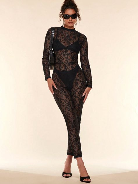 SHEIN BAE Floral Lace Mock Neck Jumpsuit Without BodysuitI discovered amazing products on SHEIN.com, come check them out! Lace Jumpsuit Outfit, Lace Bodysuit Outfit, Catsuit Outfit, Elegant Bodysuit, Rave Bodysuit, Pole Dance Wear, Body Dentelle, Mini Dress Outfits, Sheer Bodysuit
