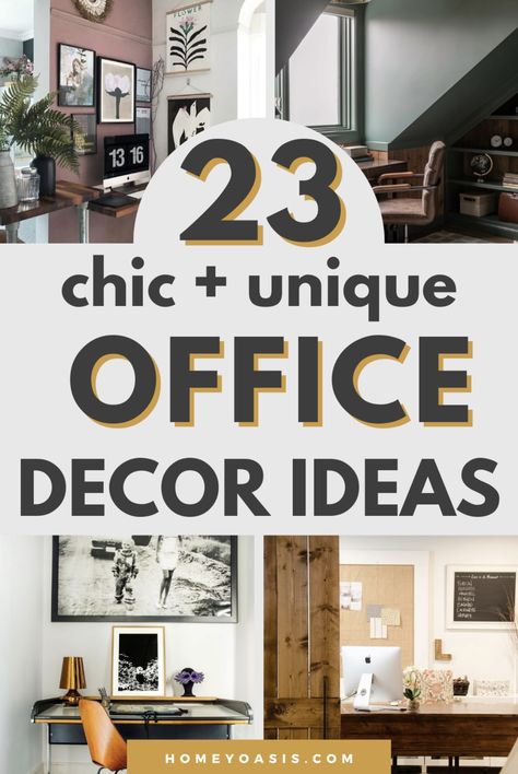 23 Creative Home Office Decorating Ideas You’ll Want To Copy - Homey Oasis Home Office Ideas Minimalist Modern, Decor Ideas For Office At Work, Office Decor Women Professional, British Office Decor, Photography Office Decor, Home Office Redo Ideas, Trending Office Decor, Home Office Brown Desk, Back Wall Office Ideas