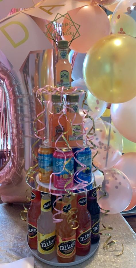 Liquor Tower Cake, Birthday Gifts With Alcohol, 21st Birthday Drink Tower, Drink Cake Tower, Drink Tower Birthday, Booze Cake Tower, 21 Alcohol Cake Tower, Liquor Tower, Alcohol Cake Tower