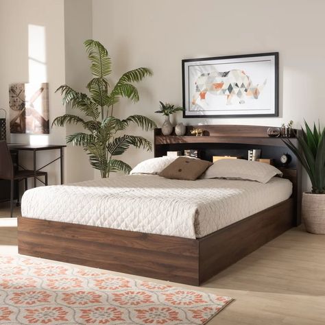 Union Rustic Nalani Queen Storage Platform Bed & Reviews | Wayfair Shelved Headboard, Modern Queen Bed, Beautiful Bed Designs, Simple Bed Designs, Bed With Shelves, Platform Storage Bed, Platform Storage, Queen Size Platform Bed, Brown Bed