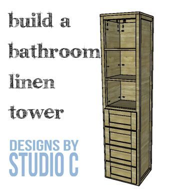 DIY Furniture Plans to Build a Bathroom Linen Tower | Designs by Studio C | Easy to Build Furniture Plans for All Skill Levels! Build A Bathroom, Diy Bathroom Vanity Plans, Bathroom Linen Tower, Bathroom Cabinets Diy, Cabinet Diy, Build Furniture, Diy Bathroom Vanity, Studio C, Tower Design