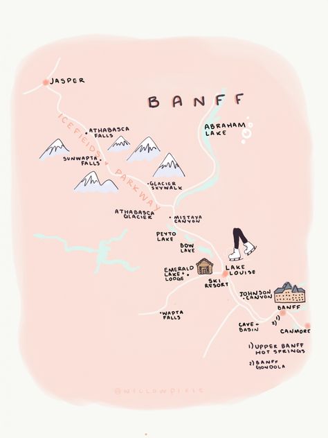 Banff | Winter Travel Guide map @willowpixie Lake Louise Canada Winter, Banff National Park Winter, Banff In Winter, Banff Skiing, Banff Aesthetic, Banff Canada Winter, Canada Travel Winter, Banff Trip, Banff Winter