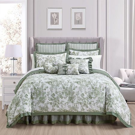 Bring an aristocratic French feel to your bedroom with the classic styling of the Toile Garden comforter set. The popularity of toile dates back to the 1700s.Floral toile print in choice of colorsScalloped edge with contrast bindingAllover vermicelli quiltingComforter set includes: Comforter, sham(s), bedskirtCoordinating accessories sold separately. Comforter and shams are cotton front with polyester back, border and filling. Washable, unless noted.# Pieces In Set: 4Included: 1 Bed Skirt(s) Wit Green Comforter Sets, Sage Bedroom, Toile Bedding, French Country Bedding, White Bed Set, Green Comforter, Grey Bedroom Decor, Toile Print, Cotton Comforter Set