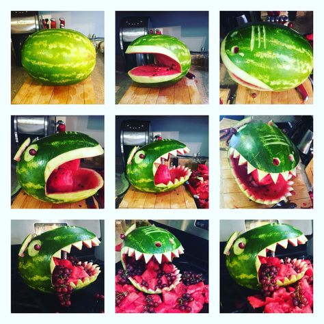 Dinosaur watermelon Dino Juice Dinosaur Party, Watermelon Dinosaur Carving, 5 Year Dinosaur Birthday, 3 Rex Birthday Party Food, Dino Fruit Tray, Three Rex Party Food, Dinosaur Fruit Tray, Dino Watermelon, Dinosaur Birthday Food Ideas