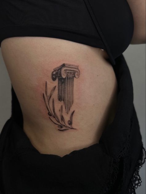 Small Ancient Greek Tattoo, Tattoos Of Statues, Minimal Greek Mythology Tattoo, Greek Collums Tattoo, Corinthian Pillar Tattoo, Greek Pillar Tattoo Design, Ancient Greek Art Tattoo, School Of Athens Tattoo, Ancient Rome Tattoos