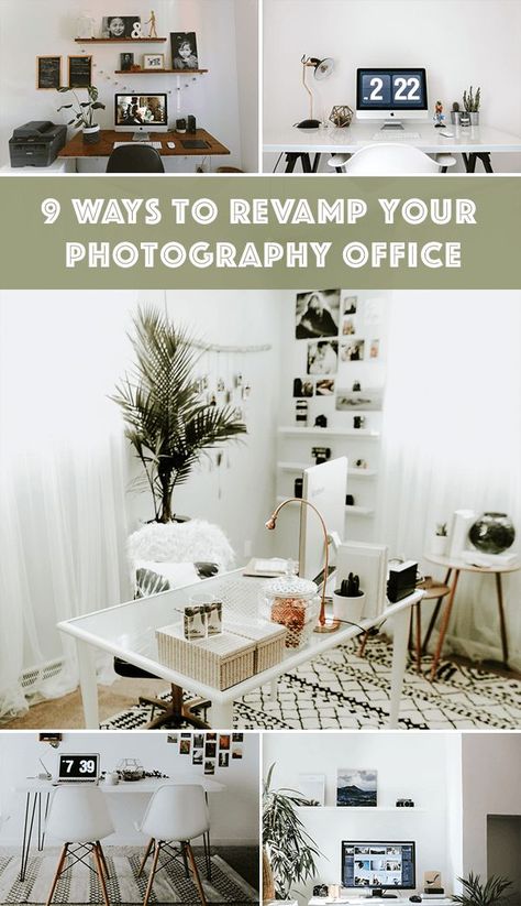 Revamp Your Office With These 9 Ideas For Decorating Your Photography Workspace | Junebug Weddings Photography Office Ideas Studio Setup, Photographer Office Ideas, Photography Room Ideas, Photography Office Ideas, Photographer Workspace, Photography Workspace, Photographers Office, Photography Home Office, Photography Room