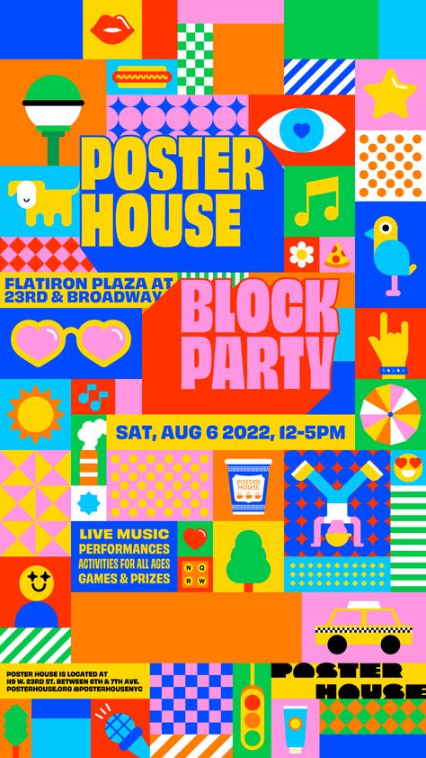 Block Poster Design, Block Party Graphic, Block Party Graphic Design, Bright Poster Design, Block Party Poster Design, Holiday Campaign Design, Color Block Poster, Party Posters Design, Community Event Poster