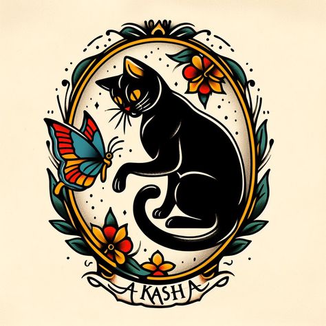 Pinup Cat Tattoo, American Style Cat Tattoo, Tattoos With Frames Around Them, Black Cat And Flowers Tattoo, Yellow Cat Tattoo, American Traditional Big Cat Tattoo, Cat Traditional Tattoo Old School, Black Cat Tattoo American Traditional, Cat Tattoo Traditional Old School