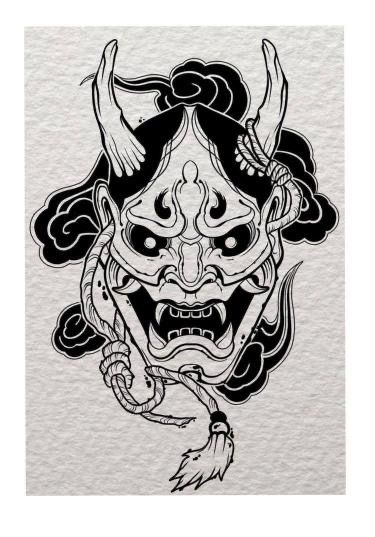 Japanese Mythical Creatures Tattoo, Hanya Mask Drawing, Japanese Tattoo Art Oni, Japanese Mask Tattoo Hannya, Hanya Mask Tattoo Traditional, Black Japanese Tattoo, Traditional Hannya Mask Tattoo, Traditional Oni Mask, Oni Mask Tattoo Design Ideas