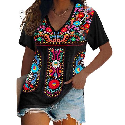 PRICES MAY VARY. 95% Polyester, 5% Spandex Imported Pull On closure Machine Wash Made from premium fabric, this short sleeve embroidered mexican tops for women is very soft and breathable, the lining is so friendly to your skin, super cozy to touch and extremely comfortable to wear for whole day. Featuring short sleeve, v neck and crewneck style to choose, floral embroidered, casual loose fit silhouette, this short sleeve floral mexican tshirts for women is so fashionable, the embroidered flower Mexican Fiesta Party Outfit, Mexican Tops, Mexican Tshirts, Mexican Peasant Blouse, Fiesta Shirt, Tshirts For Women, Embroidered Tops, Tee Shirts For Women, Floral Peasant Blouse