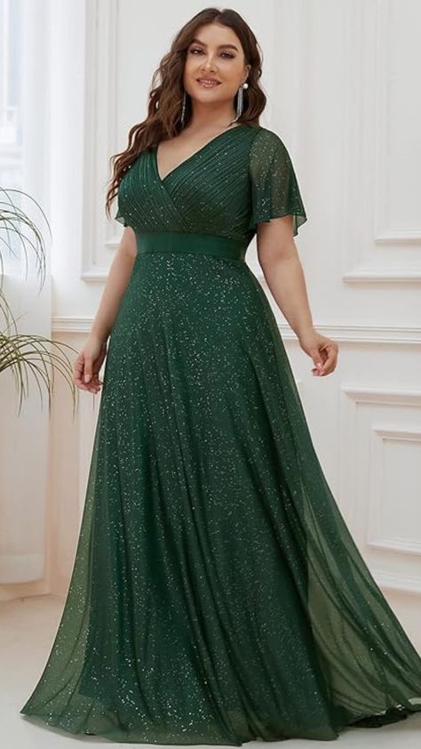 Ever-Pretty Plus Women's Plus Size V-Neck Long Shimmery Flutter Sleeve Pleated Evening Dress Plus Formal Dresses, Evening Dress With Sleeves, Sukienki Plus Size, Sparkle Shorts, Neck Ribbon, Formal Maternity Dress, A Line Evening Dress, Round Neck Casual Dress, Shimmer Dress