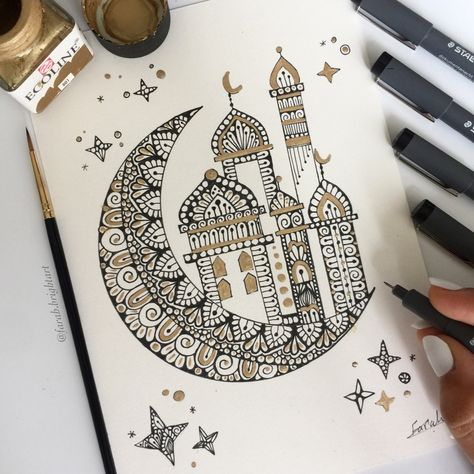 #Ramadan #artwork #mandala #mandalaart #moon #zentangle #art #fun #blackandgold Mandalas, Ramadan Drawing Ideas, Masjid Painting, Ramadan Drawing, Holiday Drawings, Mandala Book, About Ramadan, Mandala Elephant, Easy Mandala Drawing