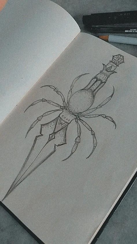 Pretty Knife Drawing, Things To Put In The Background Of A Drawing, Spider Knife Tattoo, Spider Theme Drawing, Cool Spider Drawings, Roses Aesthetic Drawing, Drawing Ideas Spider, Knife Draw Sketches, Drawing Ideas Dark Art