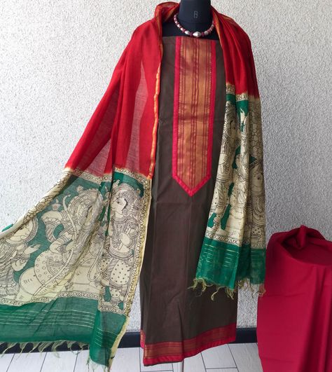 #handpainted #vegetable color#Kalamkari#dupattas South Cotton Suit Designs With Border, South Cotton Kurti Design, South Cotton Suit Designs, Banarasi Suit Designs Latest, Cotton Suits Designs, Cotton Suit Designs, Salwar Neck Designs, Blouse Designs High Neck, Cotton Blouse Design